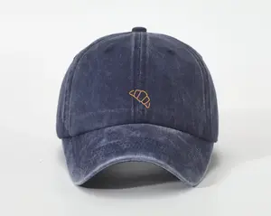 Bisou Bisou French Croissant Embroidered Hat / Baseball Cap, Washed Soft Cotton Pigment Dyed Hat, One Size