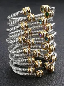 Unisex Casual Fashion Stainless Steel Birthstone Cuff Bracelet – Zinc Alloy Material with Rhinestone Design Bangle, All-Season Wear Adjustable Jewelry – Perfect Mother's Day Gift, Father's Day Present, Graduation Jewelry, Rhinestone Decorated Bracelet