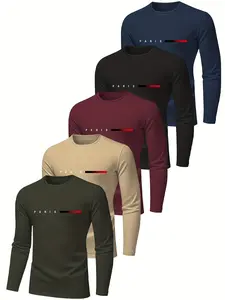 Men's Long Sleeve T-Shirt Set, Top, Breathable Polyester Fabric, Paris Print Design, Regular Fit, Spring & Fall Wear, Geometric Pattern, Fitted