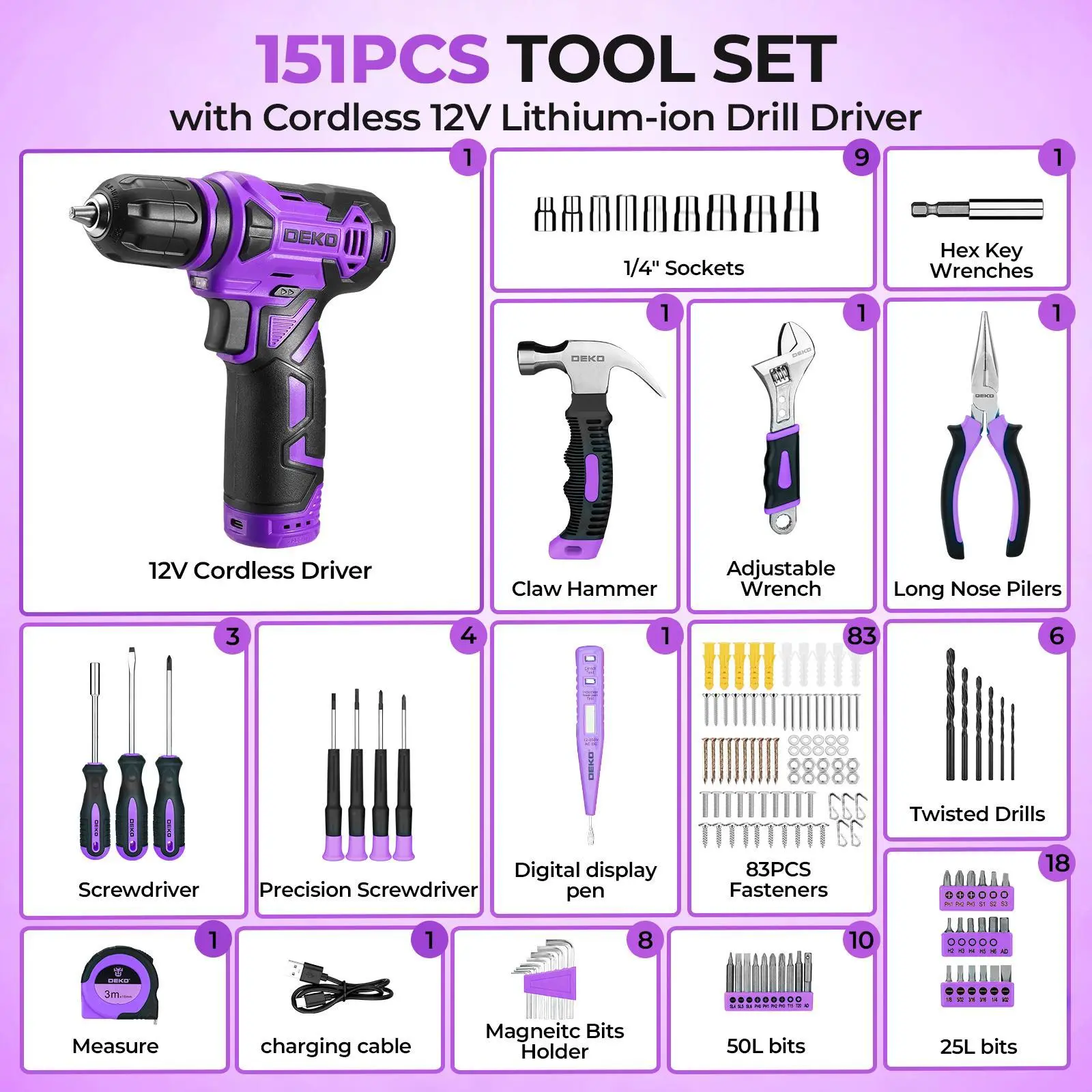 DEKOPRO 12V Cordless Drill – Rechargeable Impact Drill Driver Set With 29 Accessories, 18 Torque Settings, 1.5Ah Battery, LED Light