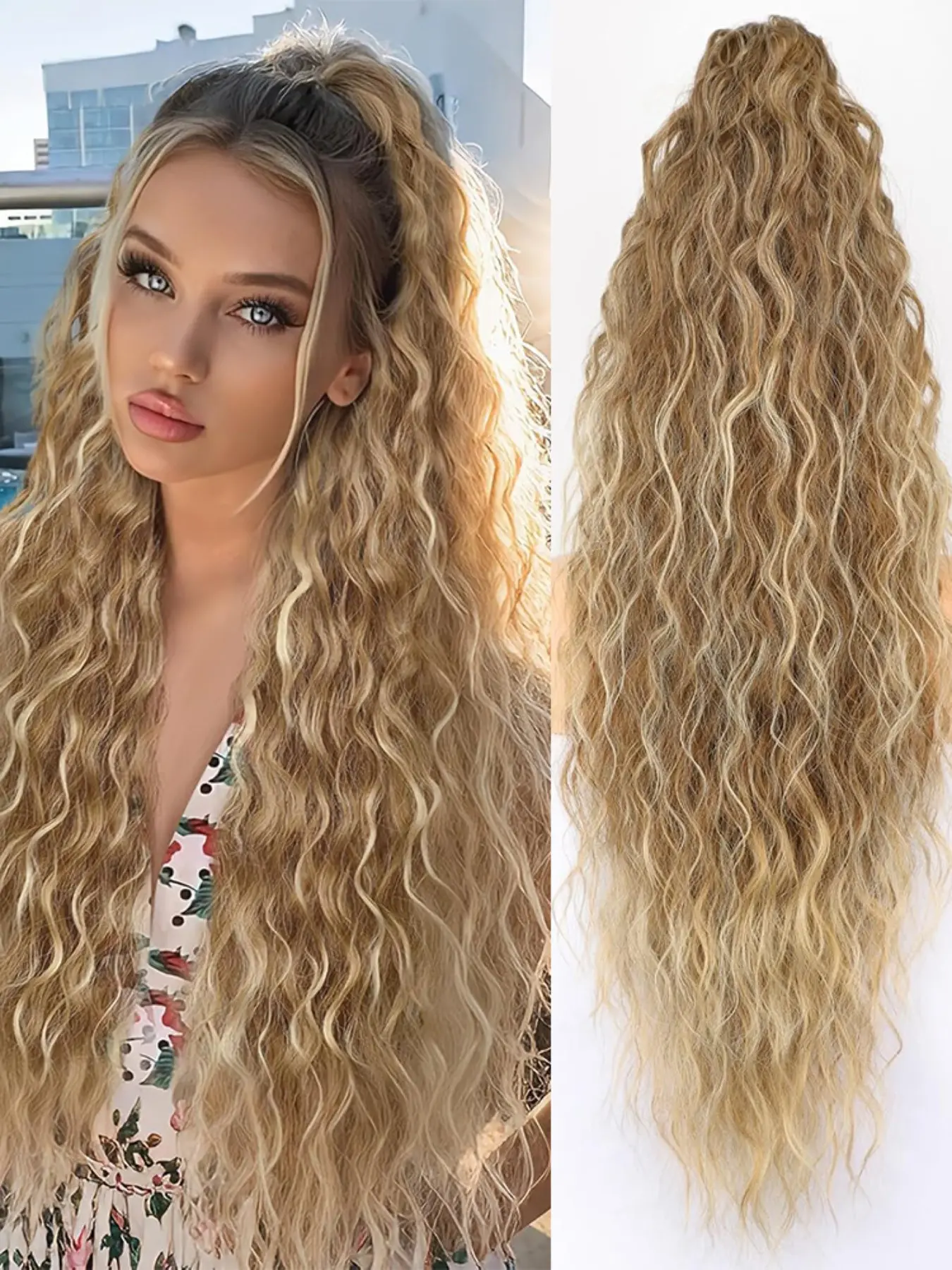 Ponytail Extension Claw 30 Inch Curly Pony Tail Clip in Claw Hair Extensions Wavy Ponytail Extension Fluffy Natural Looking Synthetic Hairpiece for Women Blonde Highlight Synthetic Ponytail Hairpieces