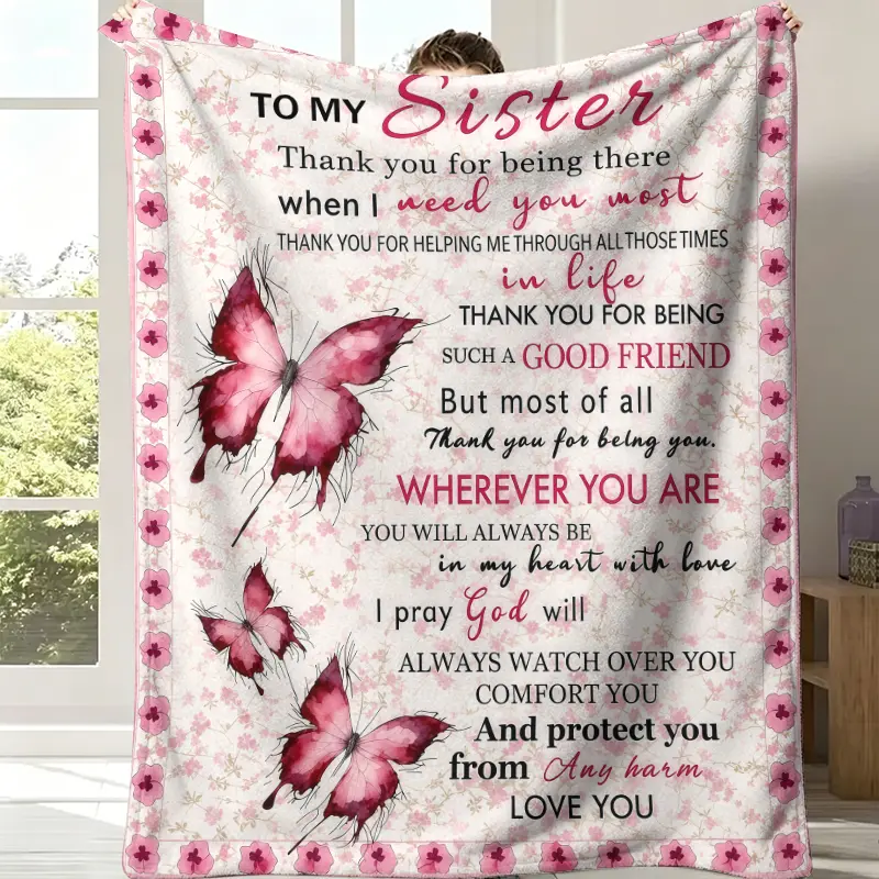 To My Sister Pink Watercolor Butterfly Floral Throw Blanket, Heartfelt Thank You Prayer Letter Soft Flannel Blanket, Soft Fleece Blanket, Perfect Sister Birthday Long Distance Sentimental Family Gift