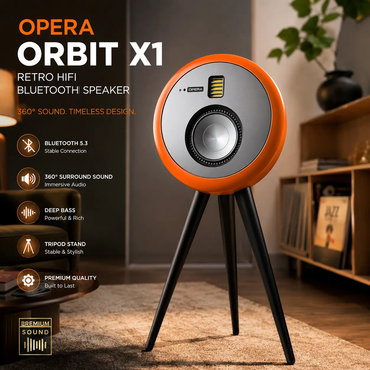 【OE】 Opera Orbit X1 Retro HiFi Bluetooth Speaker 360° Surround Sound Wireless Audio System Premium Deep Bass Portable Home Theater Desktop Speaker with Tripod Stand for Living Room Studio Music Lovers