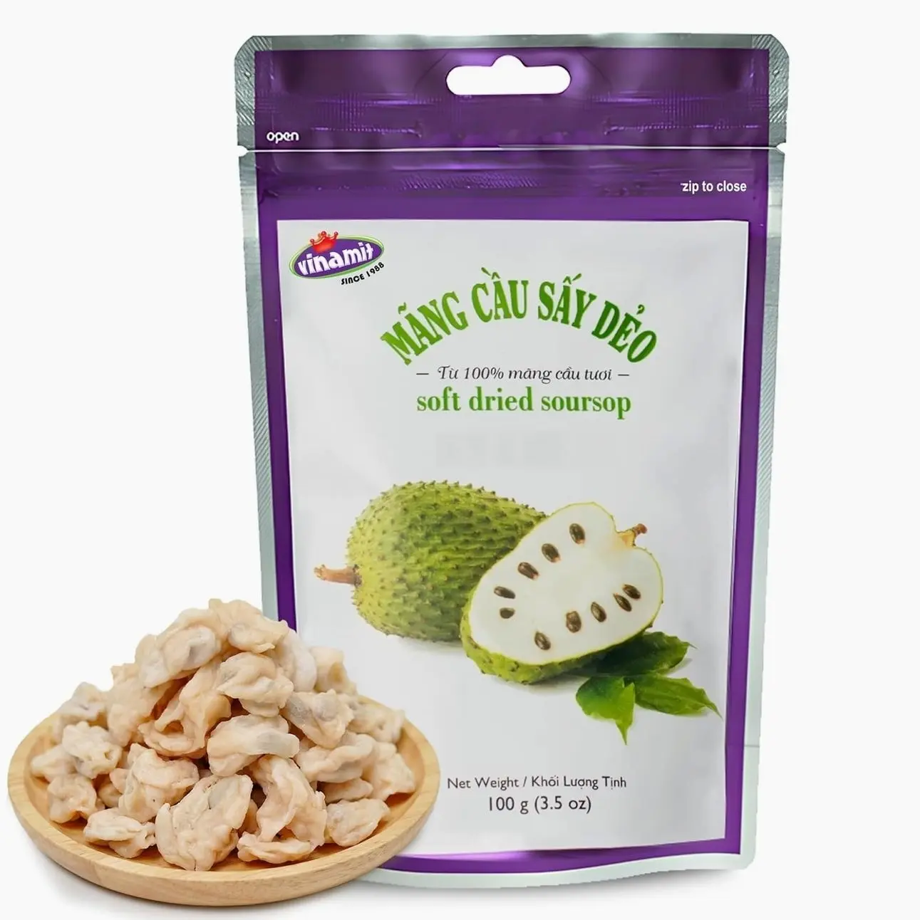 Vinamit Soft Dried Soursop | Soursop Fruit 3.5 oz bag | Natural Tropical Fruit Snack | Vegan, Gluten-Free, Non-GMO | High in Fiber, Ideal for Travel & Clean Eating
