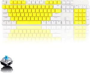 Basaltech K1-Series Wired 104-Key Full Sized Blue Switch Mechanical Keyboard with Backlit, Yellow Keys, and 12 Multimedia Keys for PC Gaming