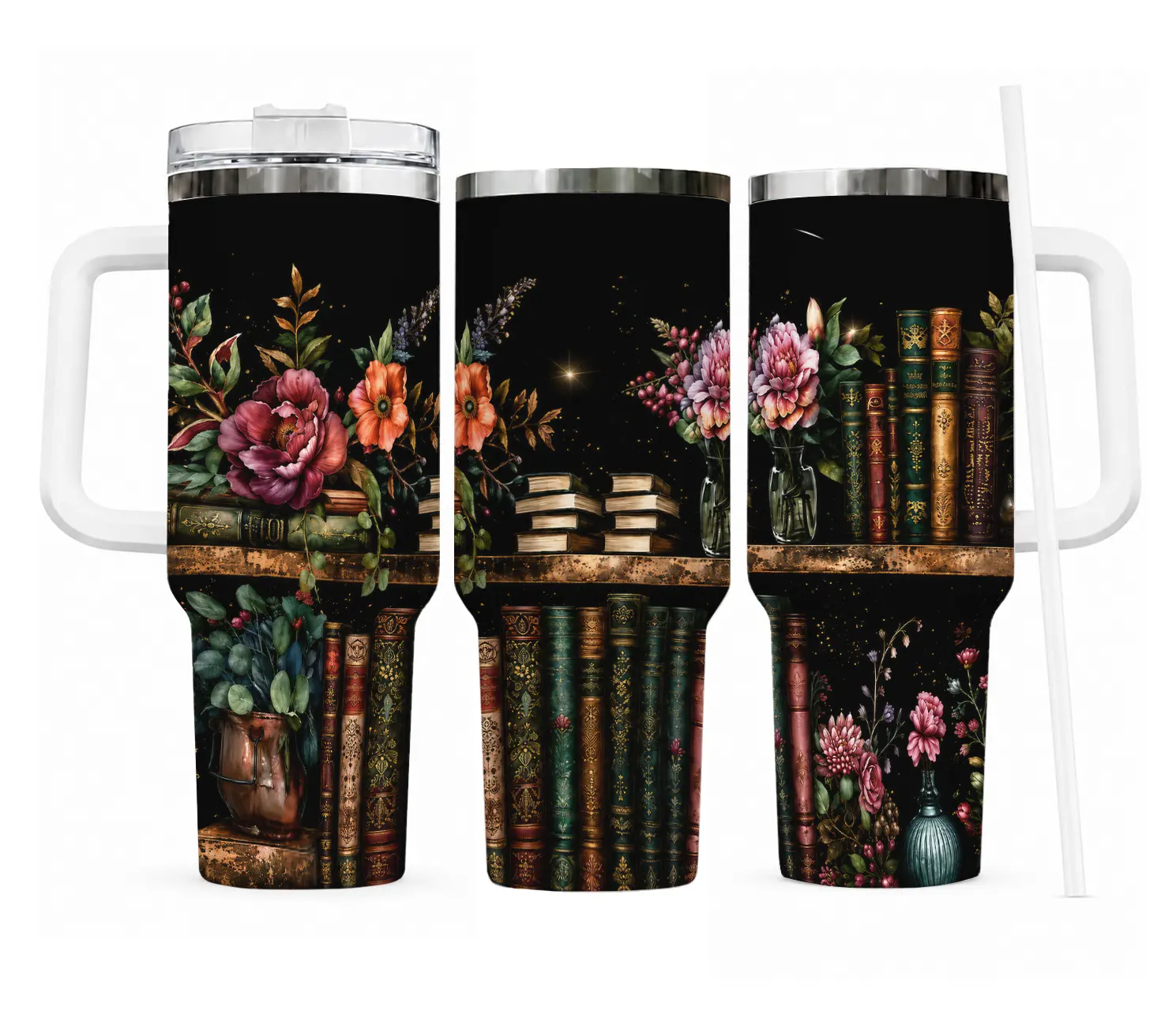 Book Lover Tumbler, Black Ceramic , 40oz Coffee Cup with Floral Library Bookshelf Artwork, Reading Gift for Women, Teacher, Librarian, Friends, Vintage Whimsical Bookworm Drinkware