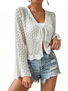 New Arrival Women's Fashion Sweater, Summer Hollow Out Tie Front Cardigan, Short Classic Solid Long Sleeve Bell Sleeve Half Transparent Open Front Top
