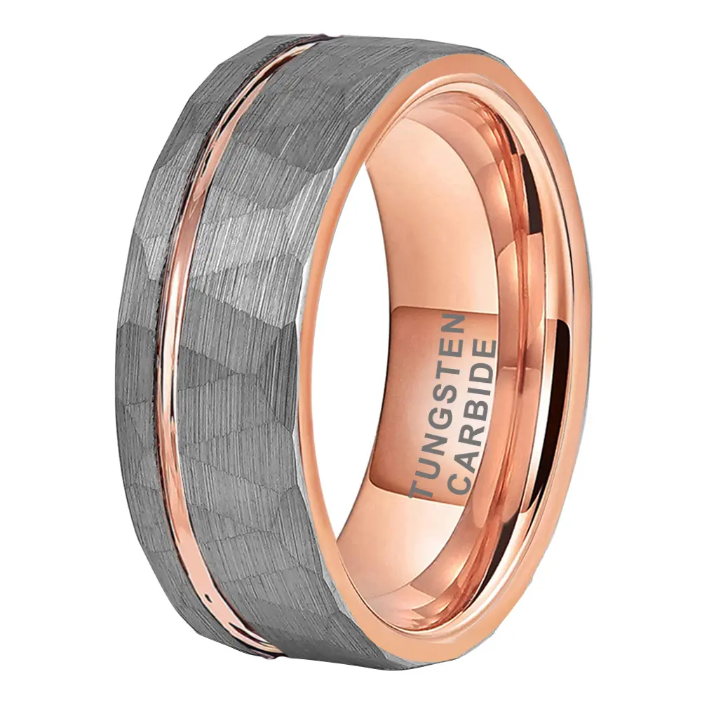 Yonifu 8MM Male Hammered Tungsten Ring - Striped Rose Gold, Scratch-Proof Comfort Fit Band with Hammered Grooves for Engagement, Wedding, Tungsten Rings
