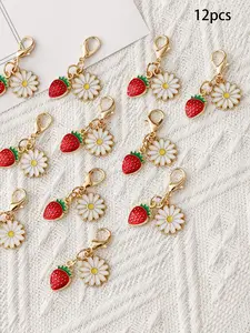 12pcs Creative Strawberry Flower Keychains, DIY Earphone Box Decorations, Perfect for Various Holiday Gifts & Weddings