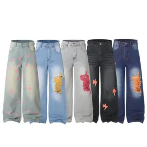 JUNBAOSS Women's Baggy Hip Hop Ripped Jeans Y2K Casual Vintage Wide Leg Skater Denim Pants Loose Fit Long Trousers 2000s Streetwear Womens Irregular Sutures Skateboard Steampunk Baggy Jeans Plain Pants