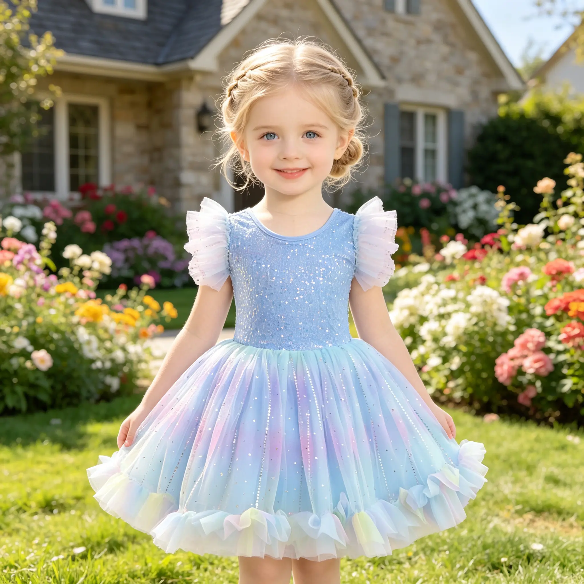 Girls Light Blue Glitter Tutu Dress, Gradient Rainbow Mesh Skirt, Pastel Ruffle Flutter Sleeves, Sparkly Kids Party Dress Up Costume