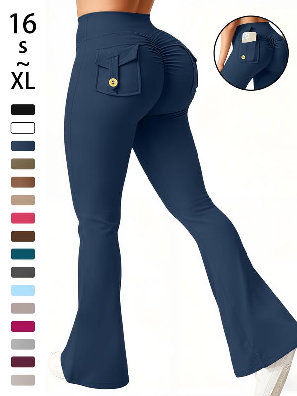 Women's High Waisted Tight Fit Flare Pants with Pockets, V-Shape Waist Design, Butt Lifting Yoga Pants, Casual Fall Winter Workout Wear, High Stretch Leggings