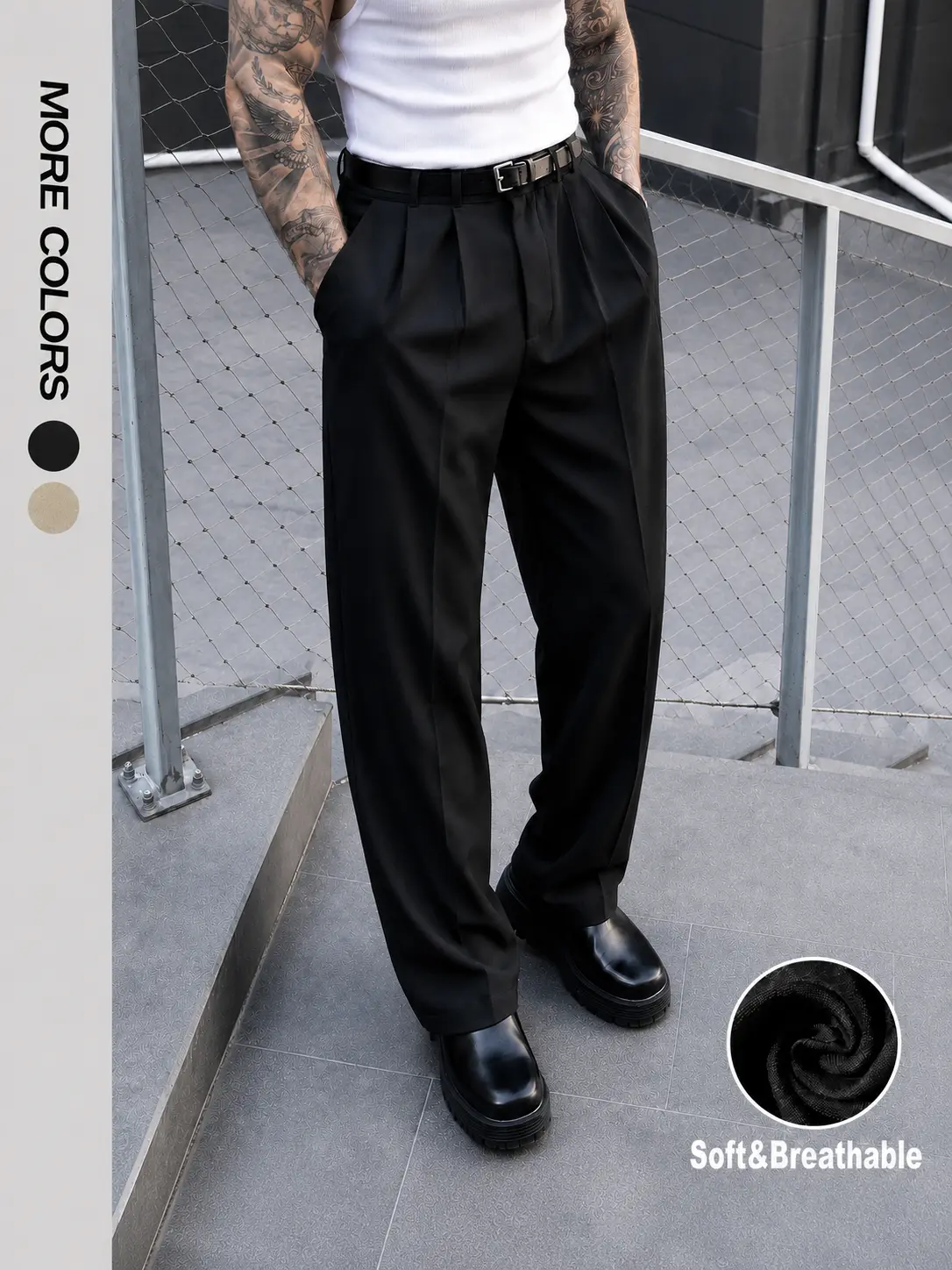 Men's Double Pleat Wide Leg Dress Pants – Wrinkle-Resistant Fluid Drape Trousers for Work, Office & Special Occasions Classic Formal Menswear Day Evening Fabric Graduation Long Medium Smooth Stretch Vintage Plain Beige Soft Aesthetic Black Casual