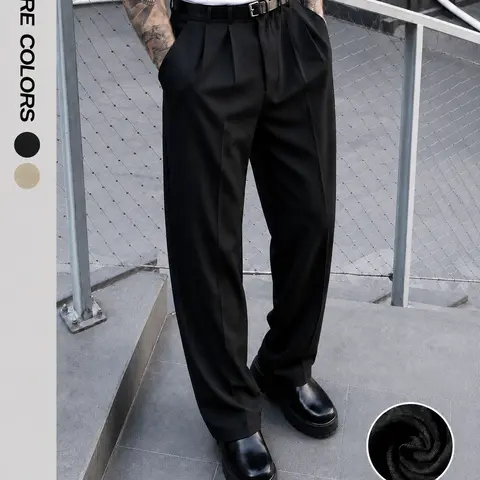 HEYKESON Men's Retro Double Pleat Wide Leg Cotton Dress Pants - Wrinkle-Resistant, Fluid Drape, Stretch, No-Iron Male Clothing for Office, Wedding (Beige, Black) - S Size, High-Neck Compatible Style