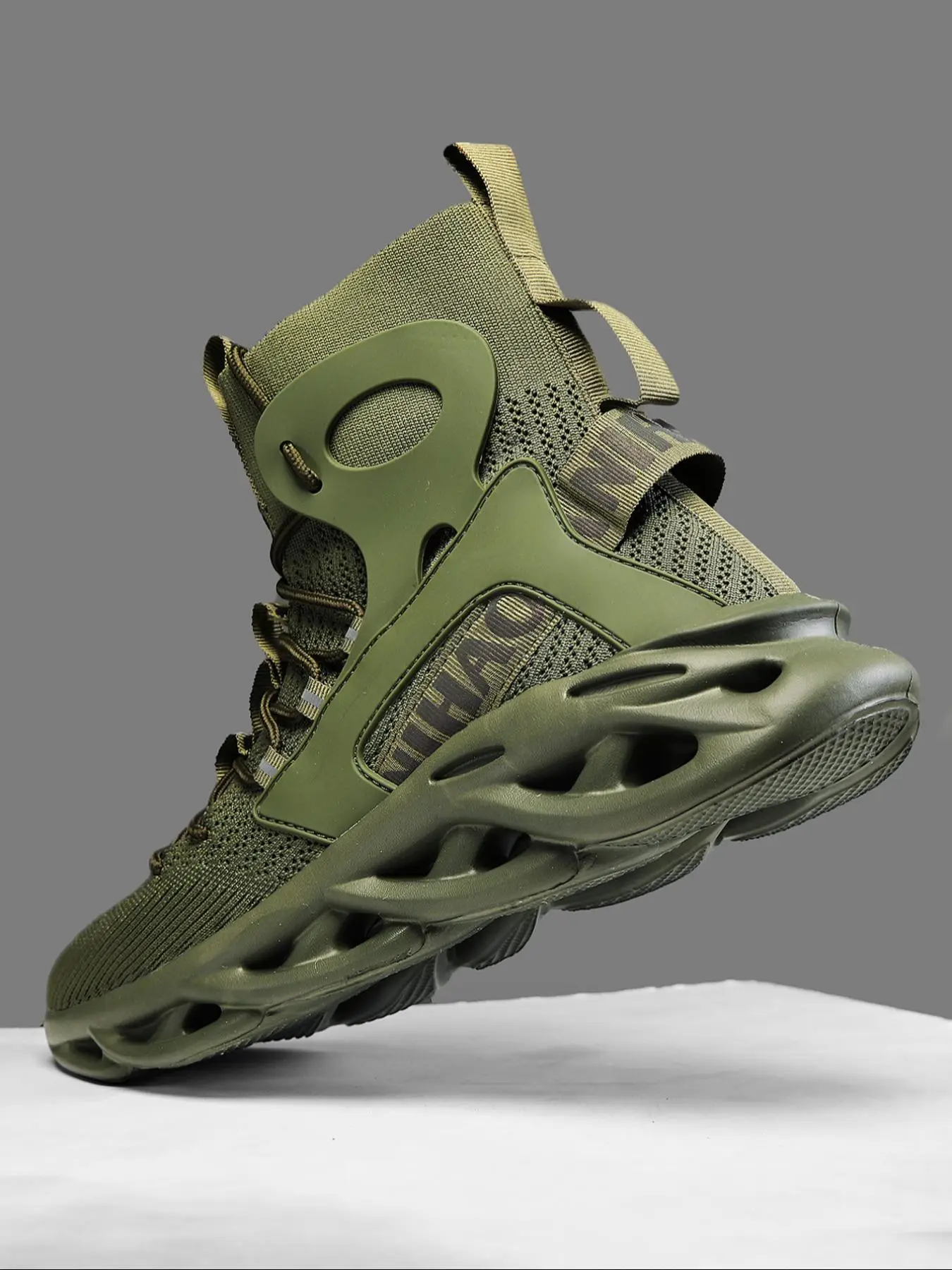 Men's Fashion Knit Lace Up Front Mesh Breathable Lightweight High Top Sneakers, Trendy Athletic Shoes, Comfortable Sports Running Shoes, Hollow Soles