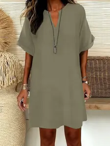 Women's V-Neck Solid Color Simple Short Sleeve Midi Dress, Retro Casual A-Line Dress, Loose-Fitting All Seasons Fashion