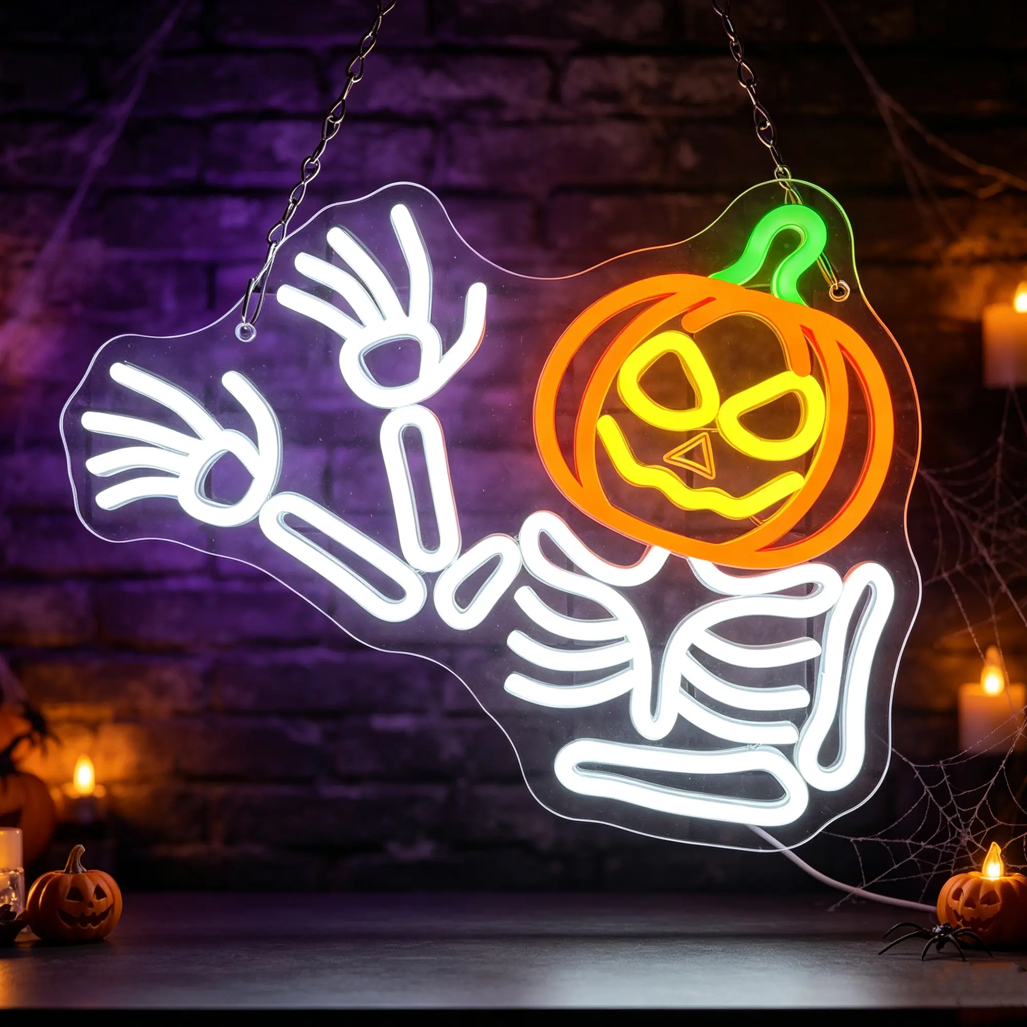 Waving Pumpkin Skeleton Neon Sign, Flashing Halloween Neon Sign, Dimmable Skull Led Light for Wall Decor, Halloween Decorations for Home, Party, Bar, Window