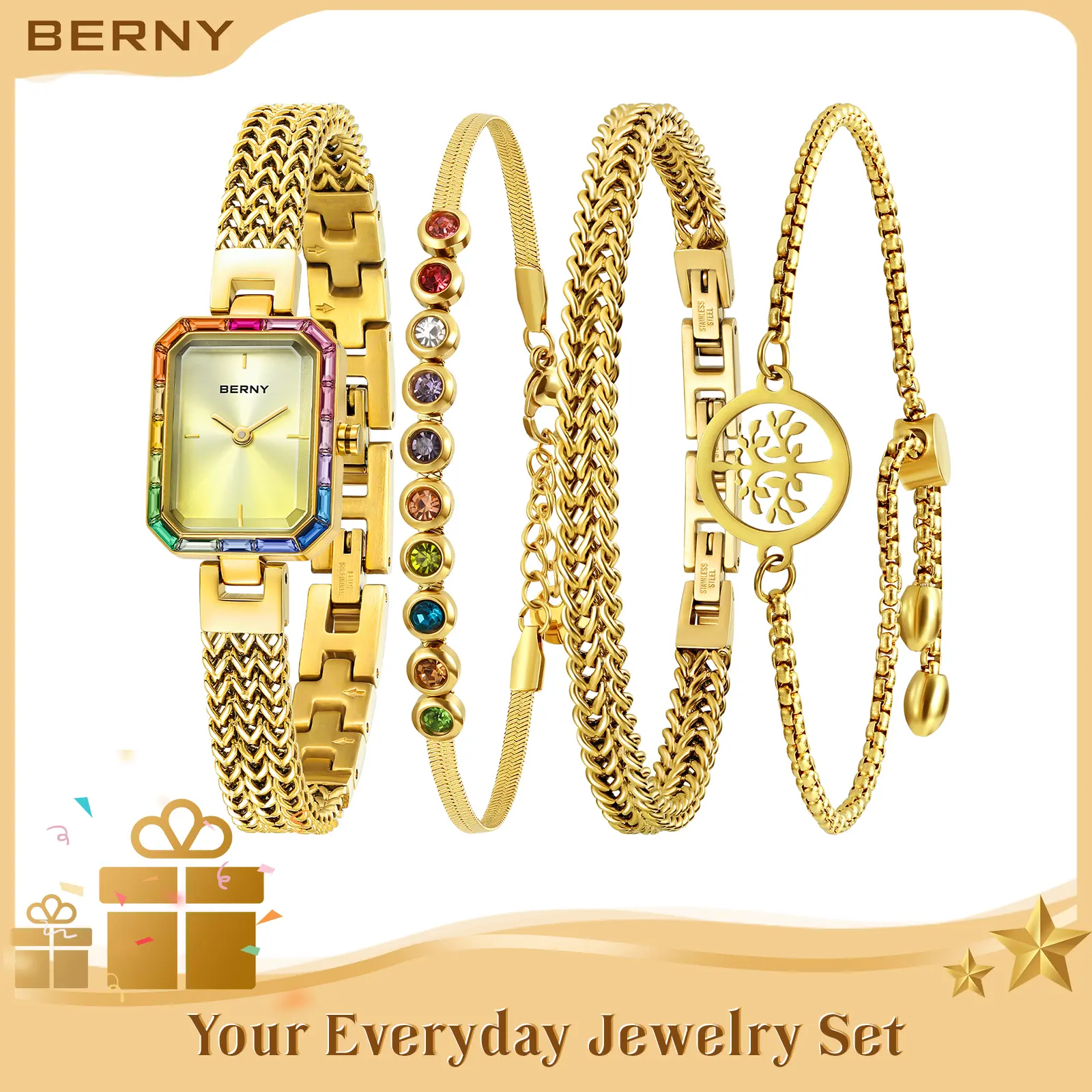 BERNY Gold Watch Women Vintage Dainty Quartz Bracelet Watch Ladies High Quality Wristwatch and Bracelet Sets Fashion Luxury Gift Ideas for Her, Reloj de Mujer, Fashion Summer Accessories