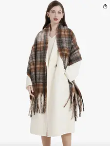 Faux Rabbit Fur Fringed Scarf Brown Check Women's Winter Warm Scarf Plaid Tassel Soft Fashion Chunky Oversized Blanket Scarves Wrap Shawl