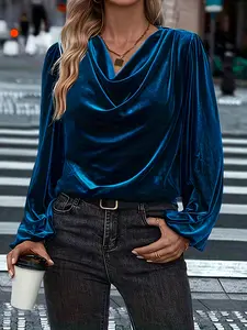 Elegant Fashion Women's Solid Color Korean Velvet Fitted Top Long Sleeve, Stylish Ladies' Casual Everyday Wear, Comfortable and Warm Winter