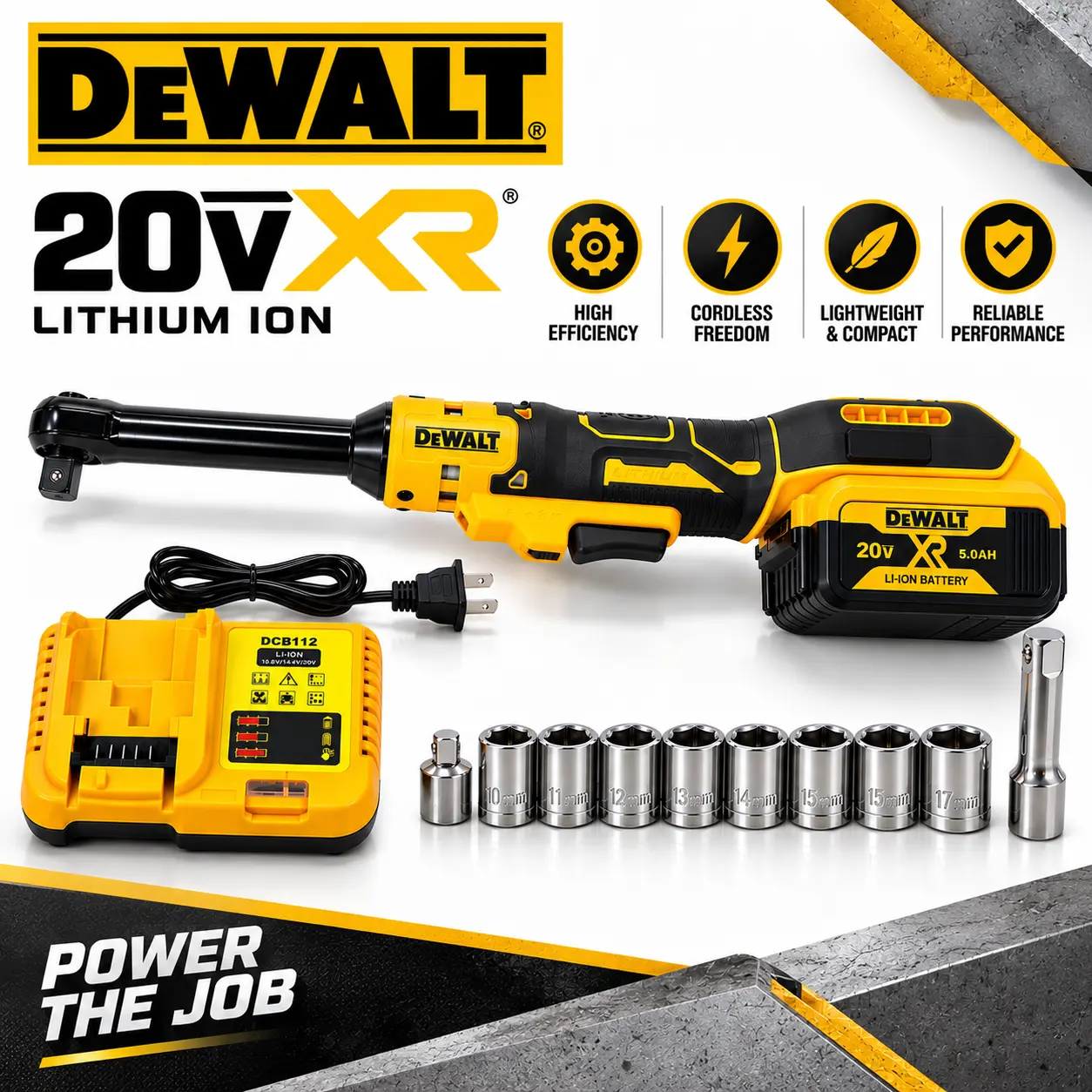 DEWALT 20V Cordless Ratchet Wrench Kit - Mechanic Tools with Batteries, 17.1" Extended Reach Electric Ratchet, Heavy Duty Metal Drive, 5.0Ah Battery & Socket Set, Forward Reverse Power Tool for Tight Spaces, Auto Repair, Garage Maintenance