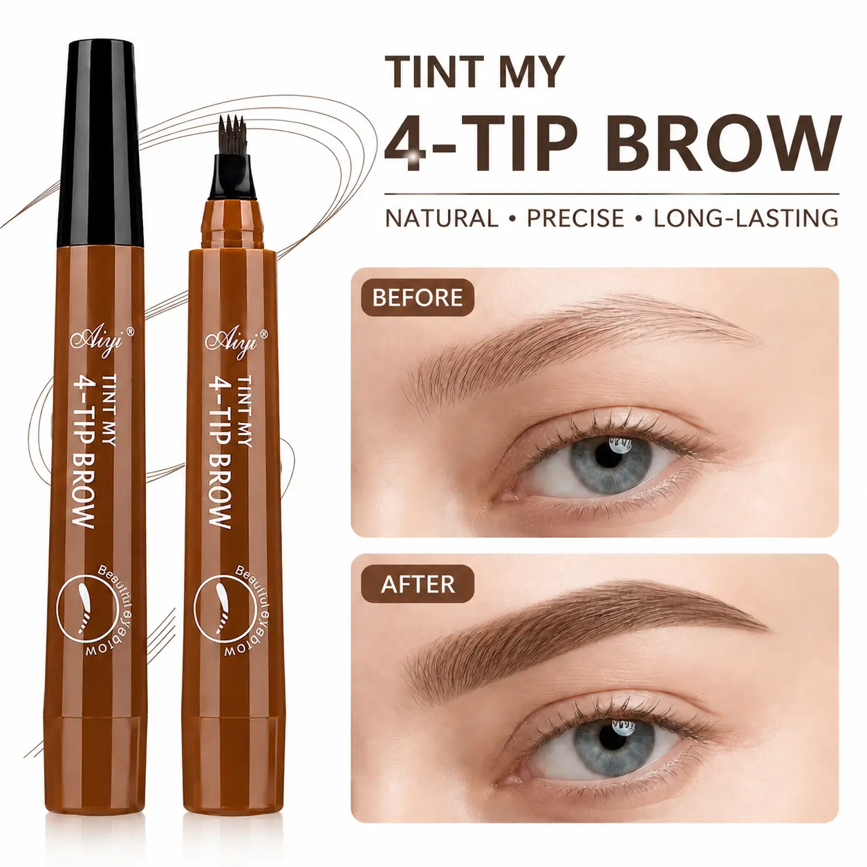 4-Tip Microblading Eyebrow Makeup Pen - Waterproof, Smudge-Proof, Powder-Infused, Creates Natural Hair-Like Brows & Natural Look for Beginners, Natural Eyebrows
