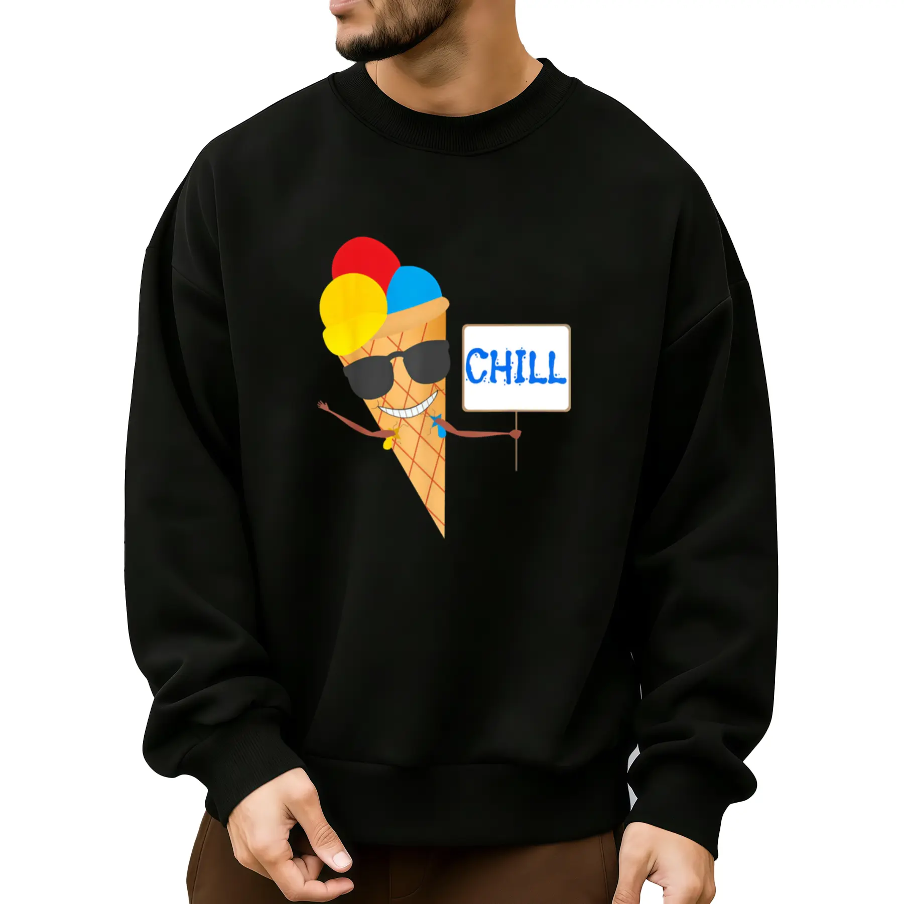 Kids' Long Sleeve Sweatshirt with 'CHILL' Ice Cream Cone and Sunglasses – Fun Summer Style