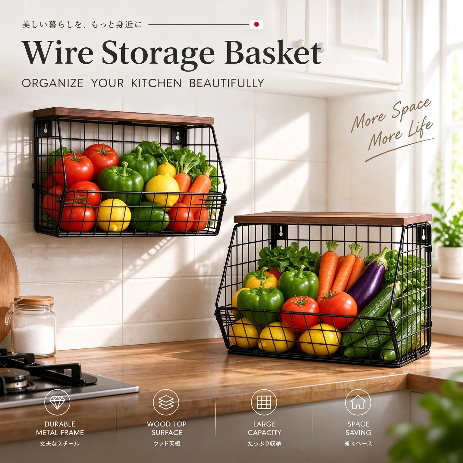 Wire Storage Basket with Durable Metal Frame and Wall Mounted Wire Storage Basket with Wood TopSurface for Organizing Kitchen Items Efficiently