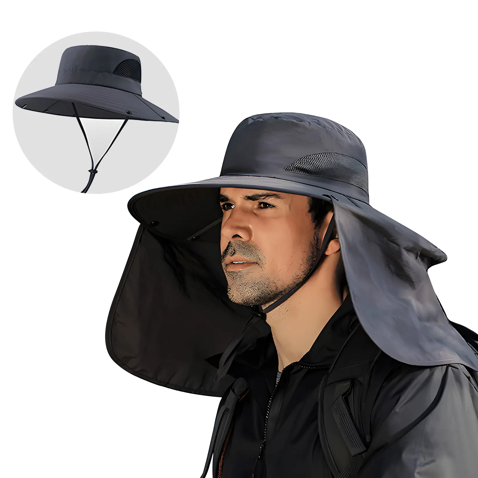 2Pack All Terrain Sun Hat Outdoor UPF50+ Waterproof Fishing Camping Hat with Adjustable Neck Flap and Breathable Mesh Rope Brim Hat