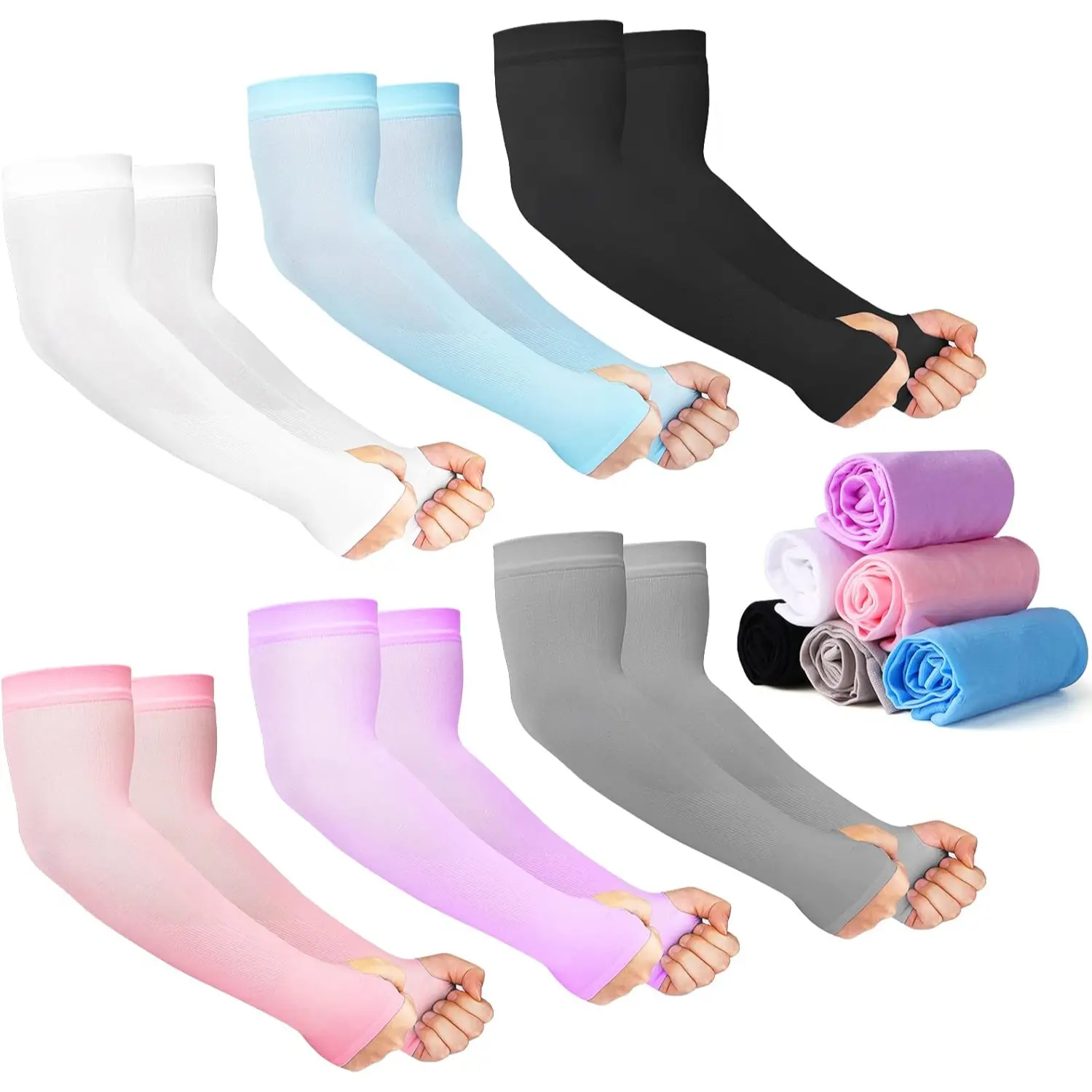 12-Pair Cooling Arm Sleeves Set Pack with Thumb Hole, UV Sun Protection, Soft Fabric, Cooling Breath for Running Walk Outdoor Wear (Men, Women), Unisex, Polyamide, Sheer, Flexible, Breathable, Stretch Fit, Arm Sleeves Cover, Lightweight Compression Sleeve