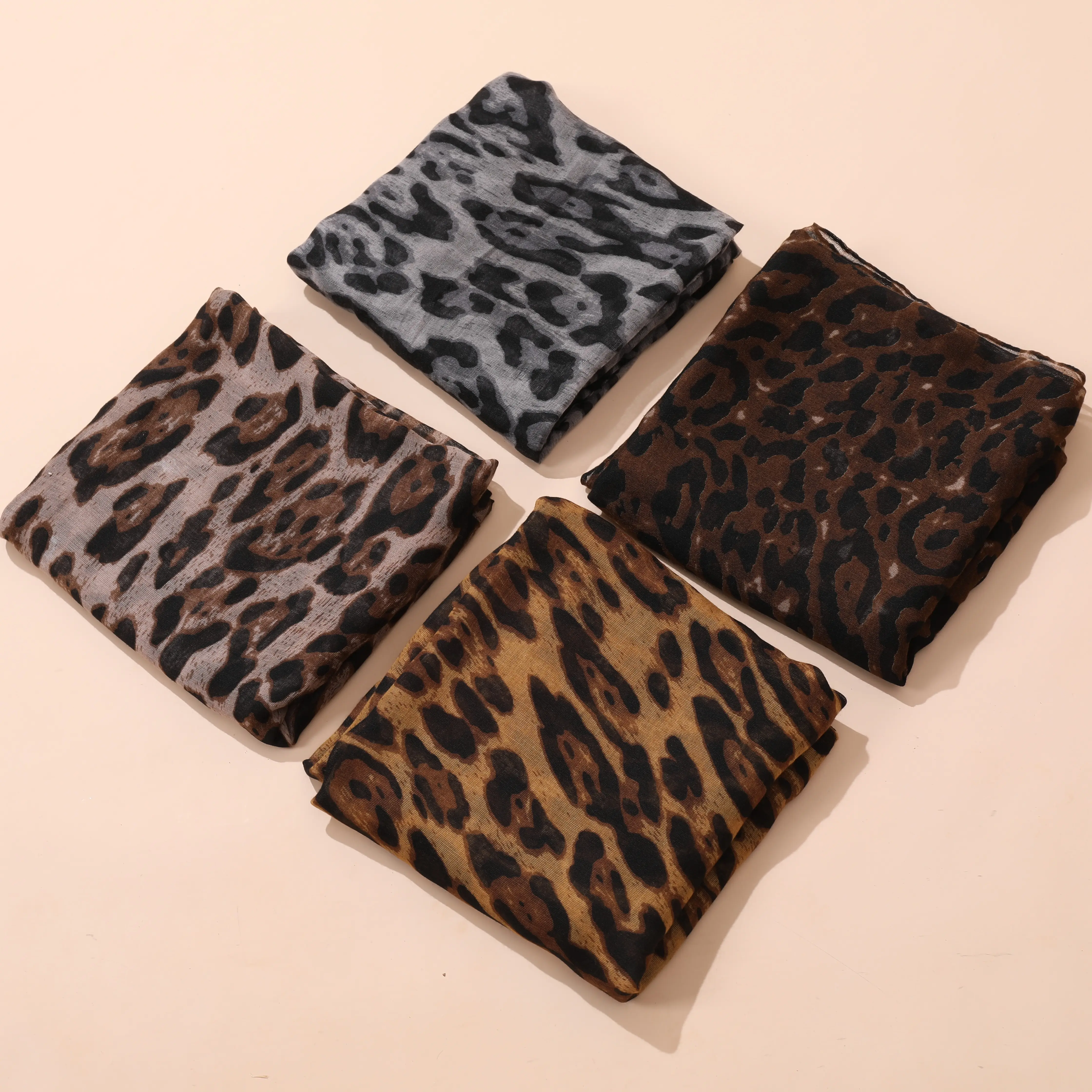 Women's 4-Pcs Leopard Print Voile Hijab Scarf Set, Lightweight Breathable Soft Pashmina Shawl Wraps (180x75cm)