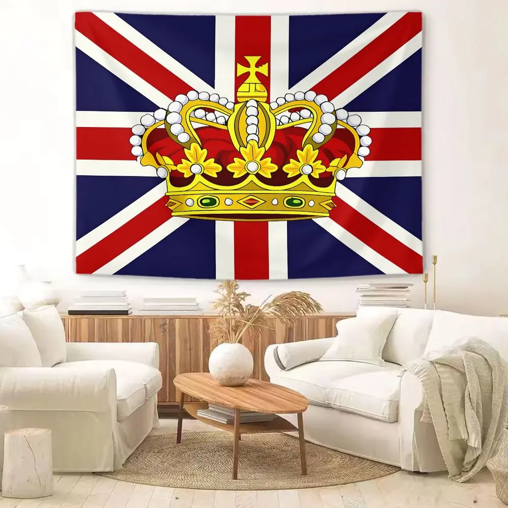 Regal Golden Crown Tapestry Featuring Union Jack Background, Luxurious Wall Tapestry for Home Decor, Stunning Digital Print Wall Hanging, for Adding a Touch of Elegance to Your Bedroom or Living Room, Unique British-Themed Wall Art Decoration