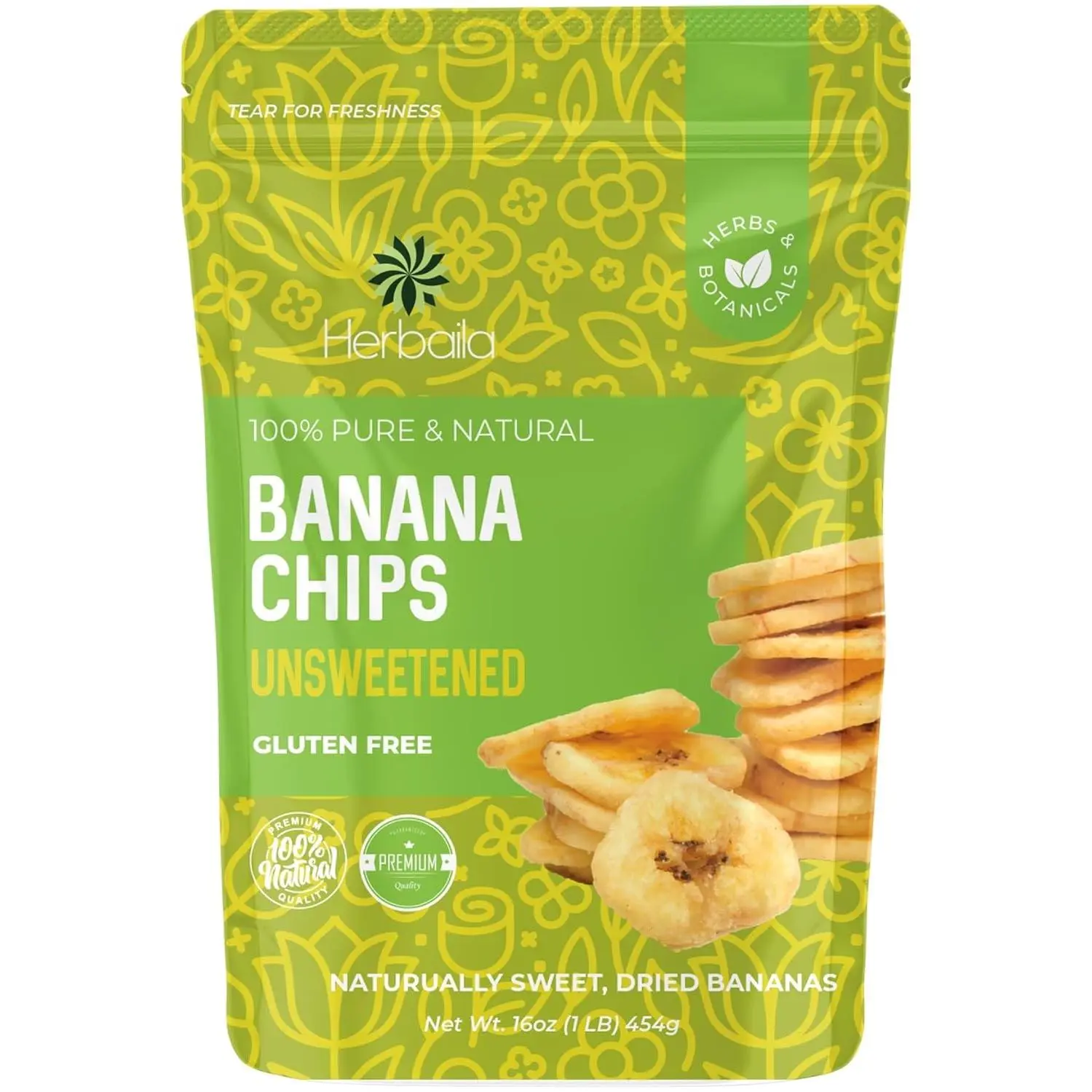 Herbaila Dried Banana Chips Unsweetened Bulk, 1 lb. Dried Bananas, Unsweetened Banana Chips, Dehydrated Bananas, Unsweetened Dried Banana slices, Banana Crisps. All Natural, Non-GMO, 16 oz.