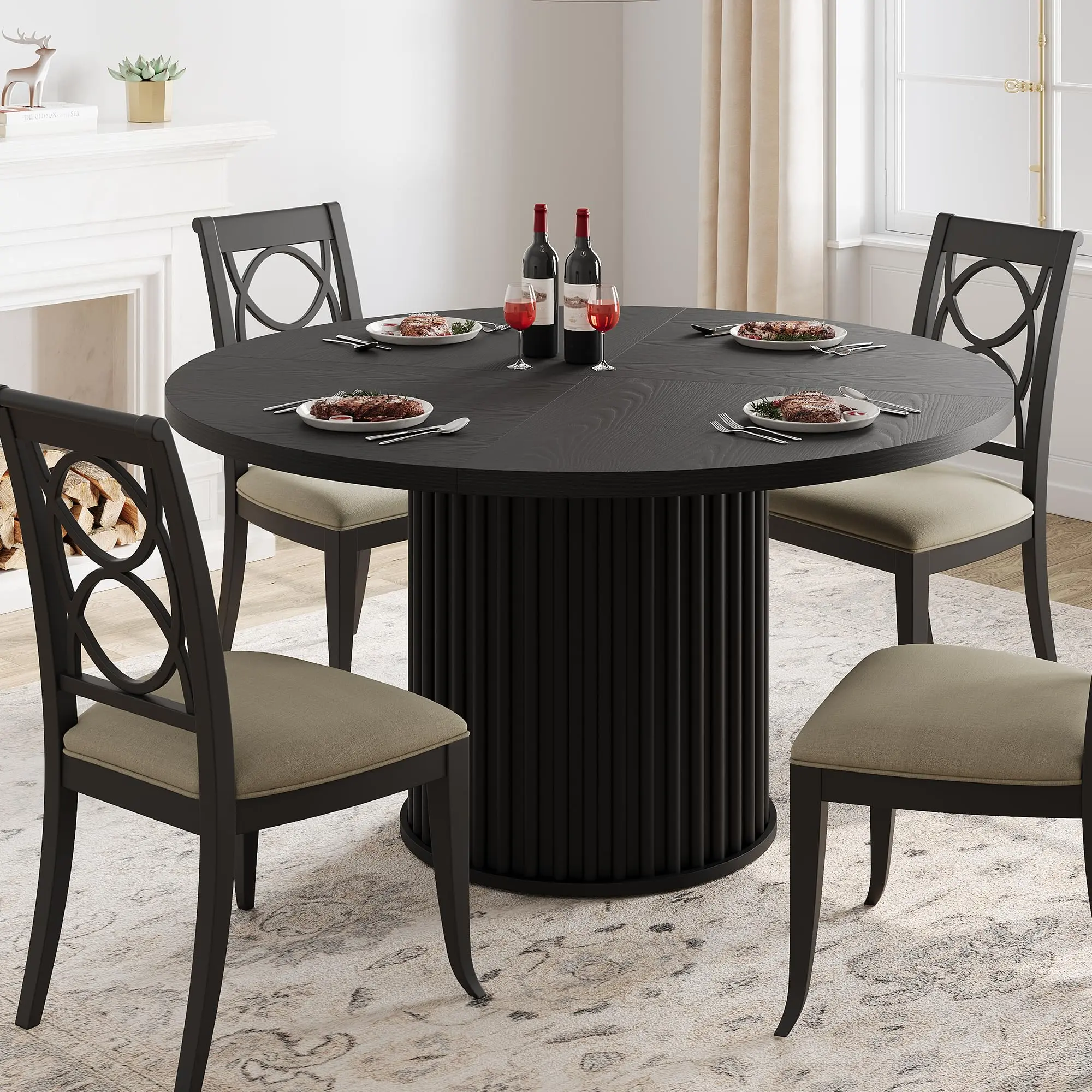 47 in Round Industrial Dining Table - Modern 4-6 Seat Casual Dark Indoor Furniture, Sturdy Waveform Metal Pedestal Base, Ideal for Dining Room, Kitchen, Round Dining Table, 4-Seat Dining Tables