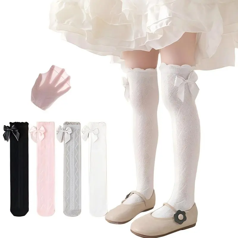 4 Pairs Girls' Reversible Bow Calf Socks - Breathable Mesh, Spring & Summer | Perfect for Christmas Festive Outfits & Daily Wear! #ChristmasKidsWear #ReversibleBowSocks #GirlsBreathableMeshSocks