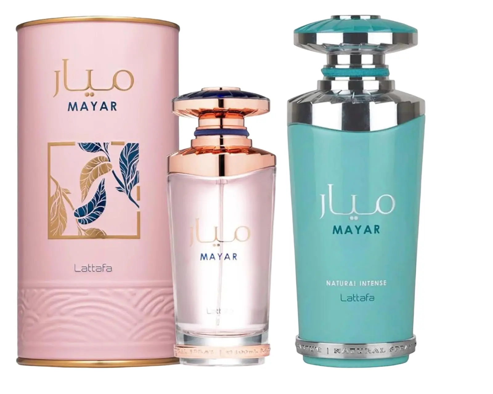 Lattafa Mayar & Mayar Natural Intense Eau de Parfum Sprays, 100ML 2-Piece Multi-pack, Sweet Fruity-Floral with Peony & Violet Leaf and Fresh Tropical Scents, Pomegranate, Litchi, Jasmin, Coconut Water, Water Lily, Youth, Edp, White Rose Bouquet, Fresh Fig