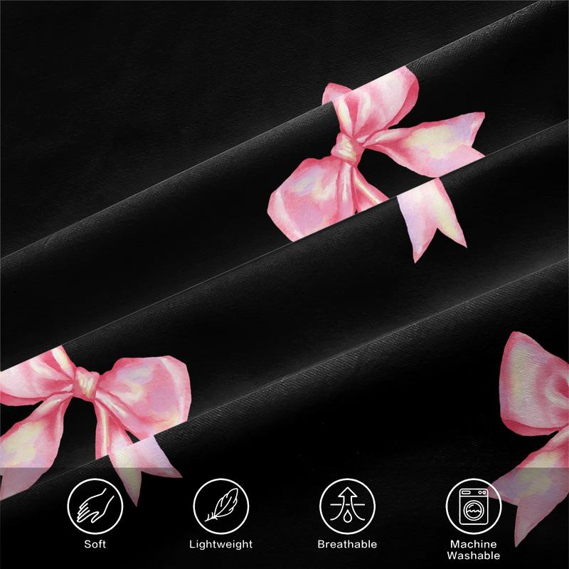 3-piece Bedding Set Features A Black Background With Pink Bow Print, A Fitted Sheet, And Two Unfilled Pillowcases. The Sweet And Cool Color-blocked Style Creates A Unique And Girly Bedroom Décor, Making It A Perfect Gift Choice. Bed Sheet Sets