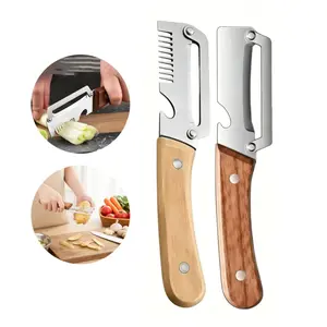 2 Pcs Premium 3-in-1 Kitchen Peeler – Ultra Sharp Vegetable Peeler Julienne Shredder with Bottle Opener, Wooden-Handled Heavy Duty Stainless Steel Multi-Tool for Potatoes, Apples, Zucchini, Papaya & Pumpkin,Durable Kitchen Utensils Gadgets Peelers Cutters
