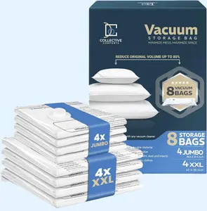 Collective Comforts 8-Pack Non-Woven Vacuum-Seal Storage Bags - 4 XXL, 4 Jumbo, Zip Closure, Turbo Valve - Airtight, Compressed, Multifunctional Set Storage Bags for Blankets, Bedding