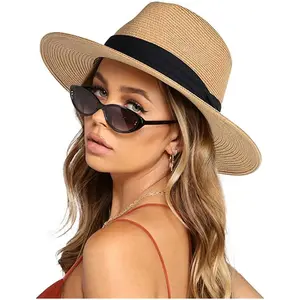 Womens Mens Wide Brim Straw Panama Hat Fedora Summer Beach Sun Hats UPF Straw Hat for Women
