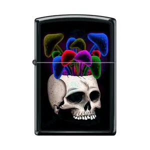 Zippo Lighter Black Light Skullshrooms Design with Intricate Skull and Mushroom Imagery Black Matte Finish for Any Occasion Featuring Black Light Effect
