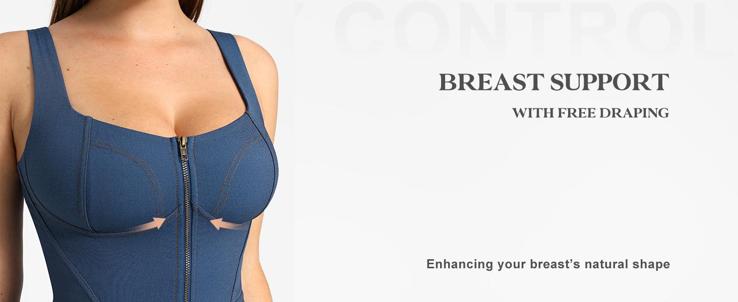 BRXL Faux Denim Jumpsuit for Women - Built-in Shapewear Tummy Control Bodycon Romper with Flared Legs & Bronze Zipper - Casual Fashion Bodysuit#Summervibes #beachoutfit, Lady