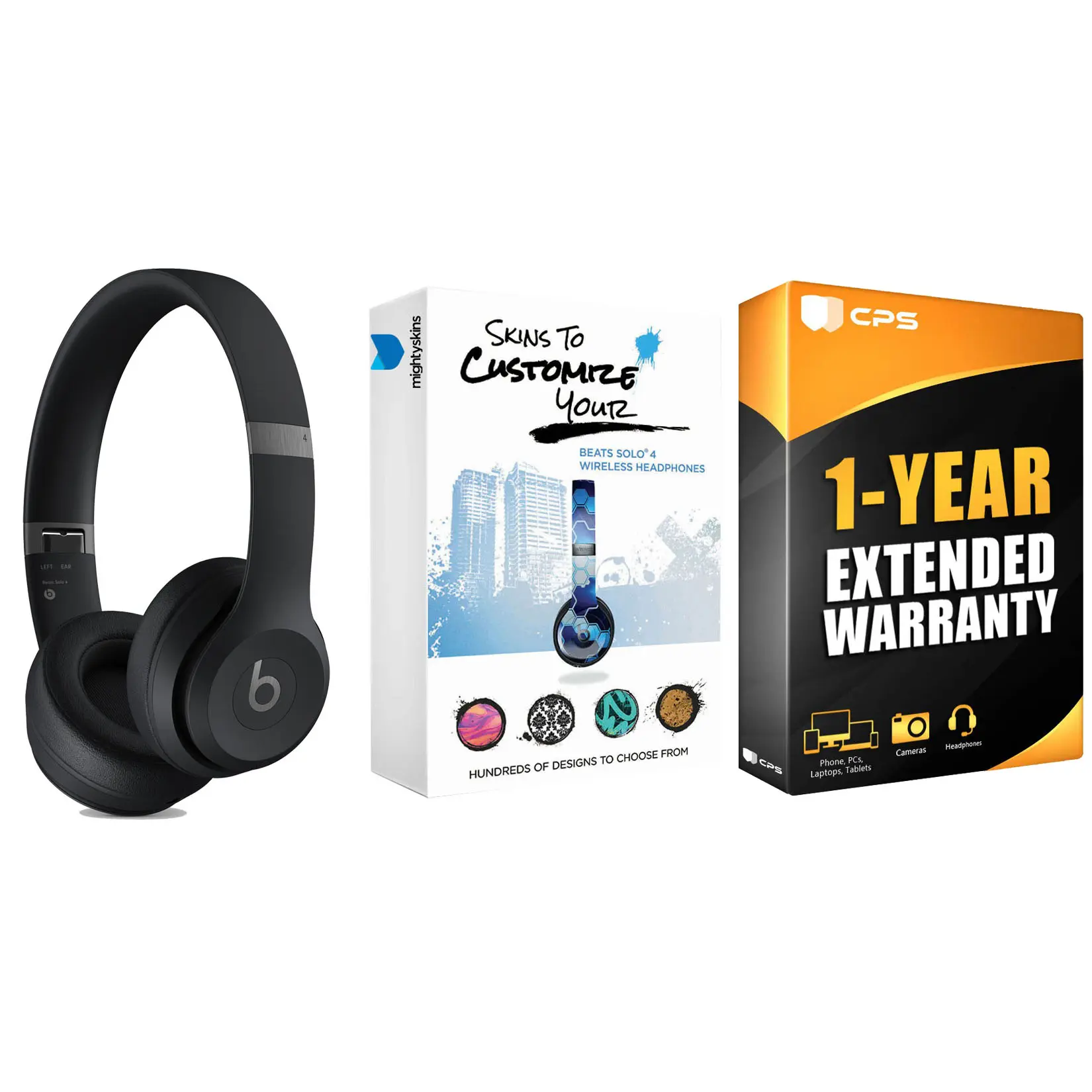 Beats Solo 4 Bluetooth Wireless On-Ear Headphones with MightySkins Protective Skins and 1 Year Extended Warranty Bundle - Matte Black