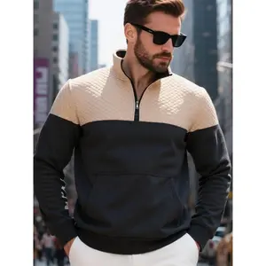 Men's Fleece Lined Half-Zip Pullover Sweater, Thick Knit Casual Patchwork Sweatshirt for Fall & Winter, Ideal for Hiking & Daily Wear
