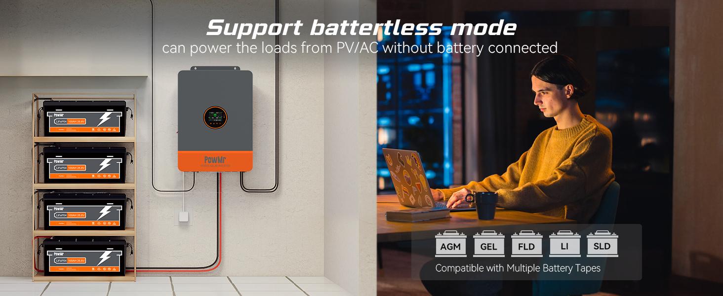 PowMr Solar Hybrid Inverter 6500W 48V to 120V/240Vac, 6500W Split-Phase Hybrid Inverter Built-in 140A MPPT Controller, Max.PV Input 10kW, 550V, Support up to 6 Unit Parallel and Batteryless Run