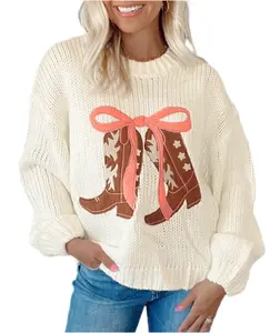 White Embroidered Bow Boots Graphic Drop Shoulder Sweater