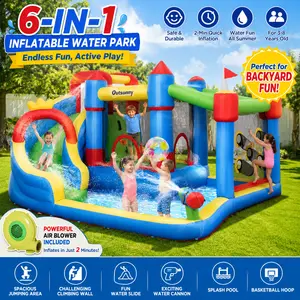 Outsunny 6 in 1 Kids Inflatable Bounce House with Water Slide 2 Min Fast Inflation Blower Included Jumping Castle Climbing Wall Splash Water Park Outdoor Backyard Play Toy Summer Pool Party Birthday Gift