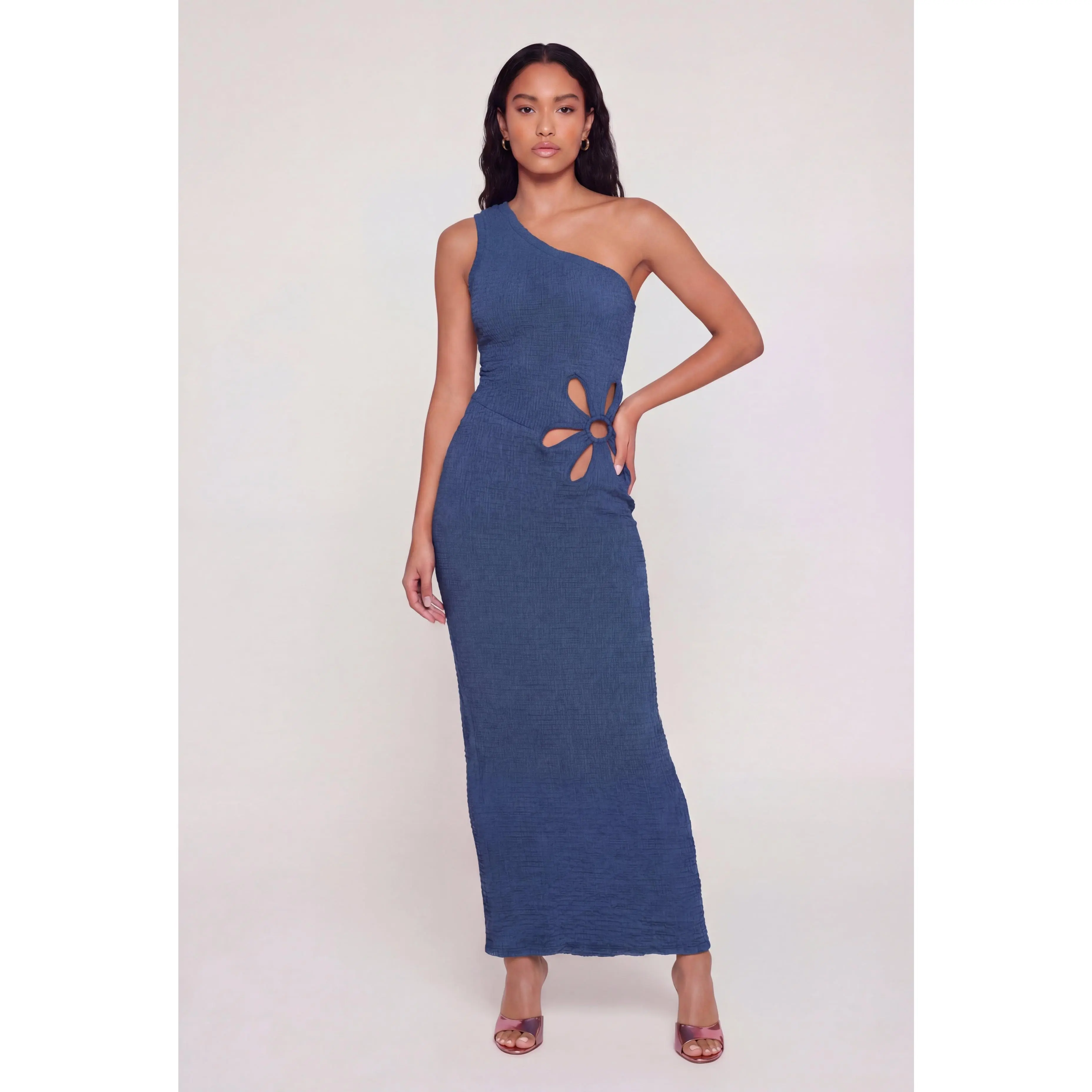 Textured Knit Flower Cutout One Shoulder Dress