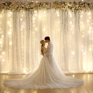 5.25x10FT 1/2 Panels Sparkling Tulle Backdrop with Twinkle Lights, Sheer Curtain, Wedding Decor, Party Photography Background, Holiday Home Festive Supplies Banner