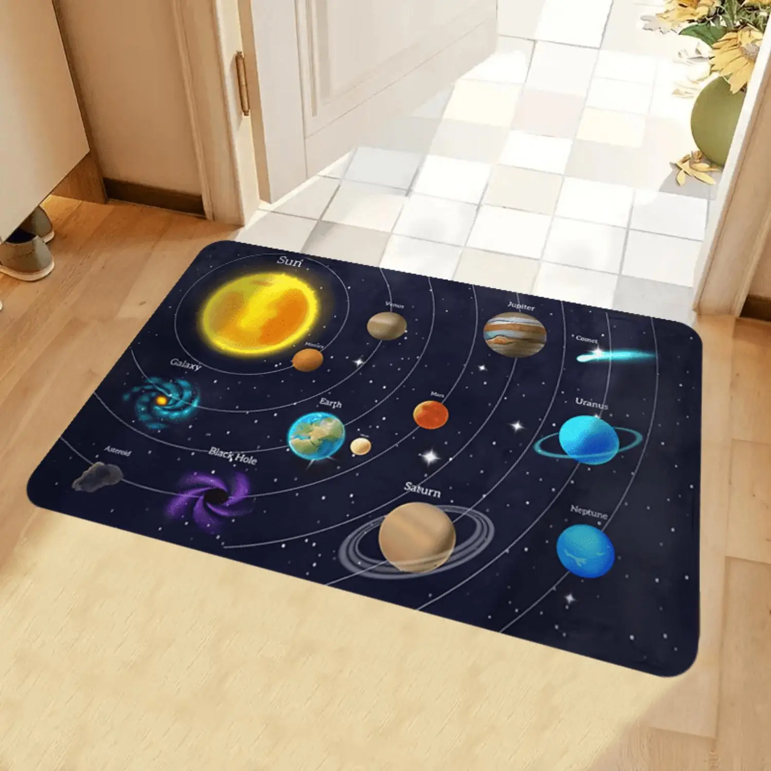Classic Durable Indoor Solar System Print Flannel Rug - Machine Washable, Educational Outer Space Themed, Suitable for Playrooms, Gift Option, Galaxy